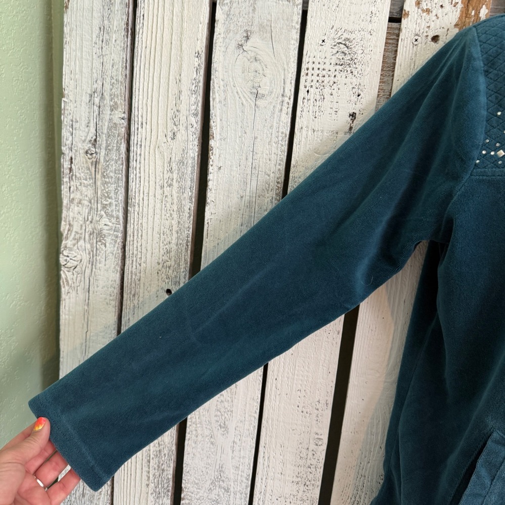 Vtg Onque Casual Teal Blue Velour Zip Up Jacket L Rhinestone Quilted 90s Y2K - Picture 5 of 10